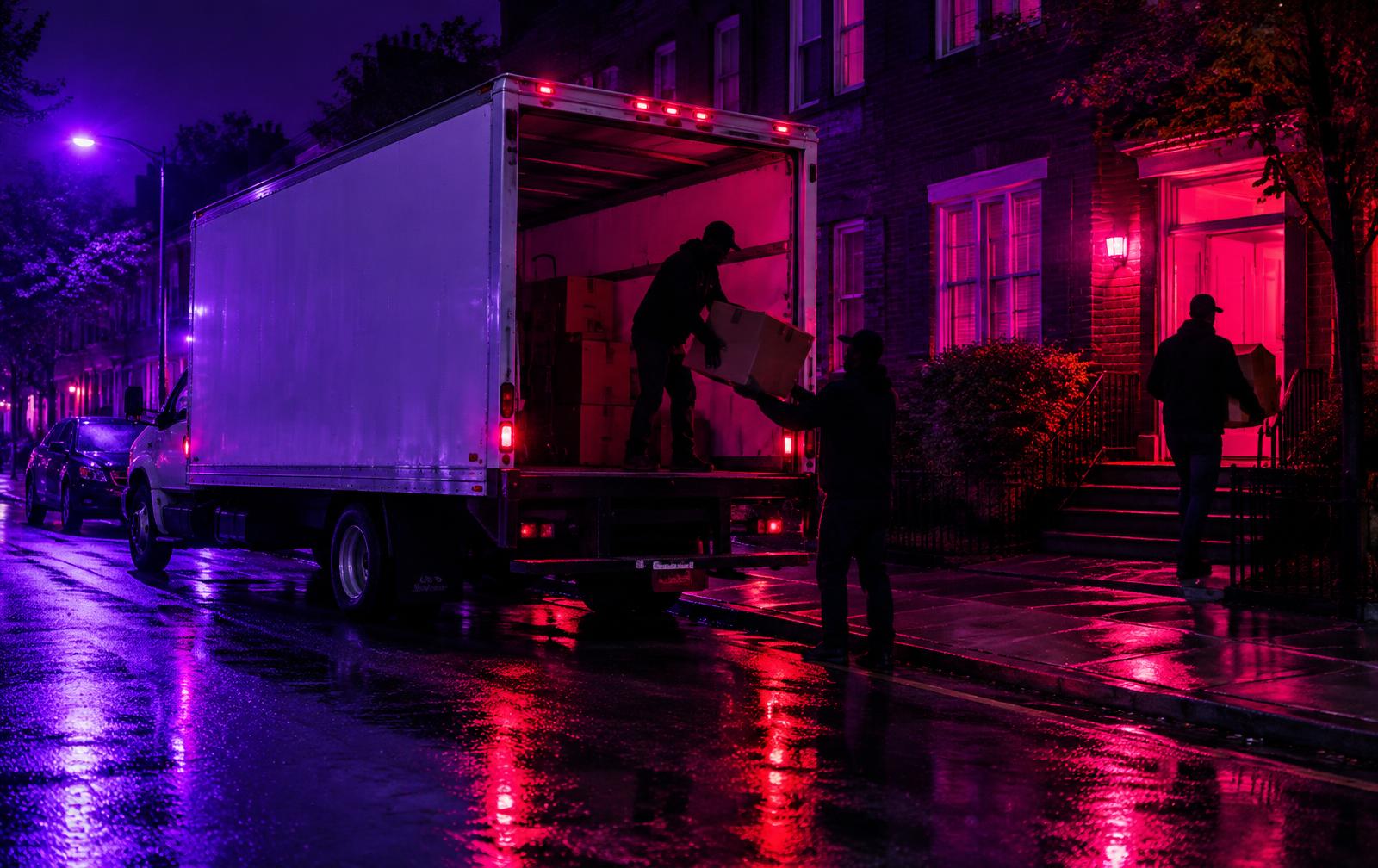 Movers loading a truck at night